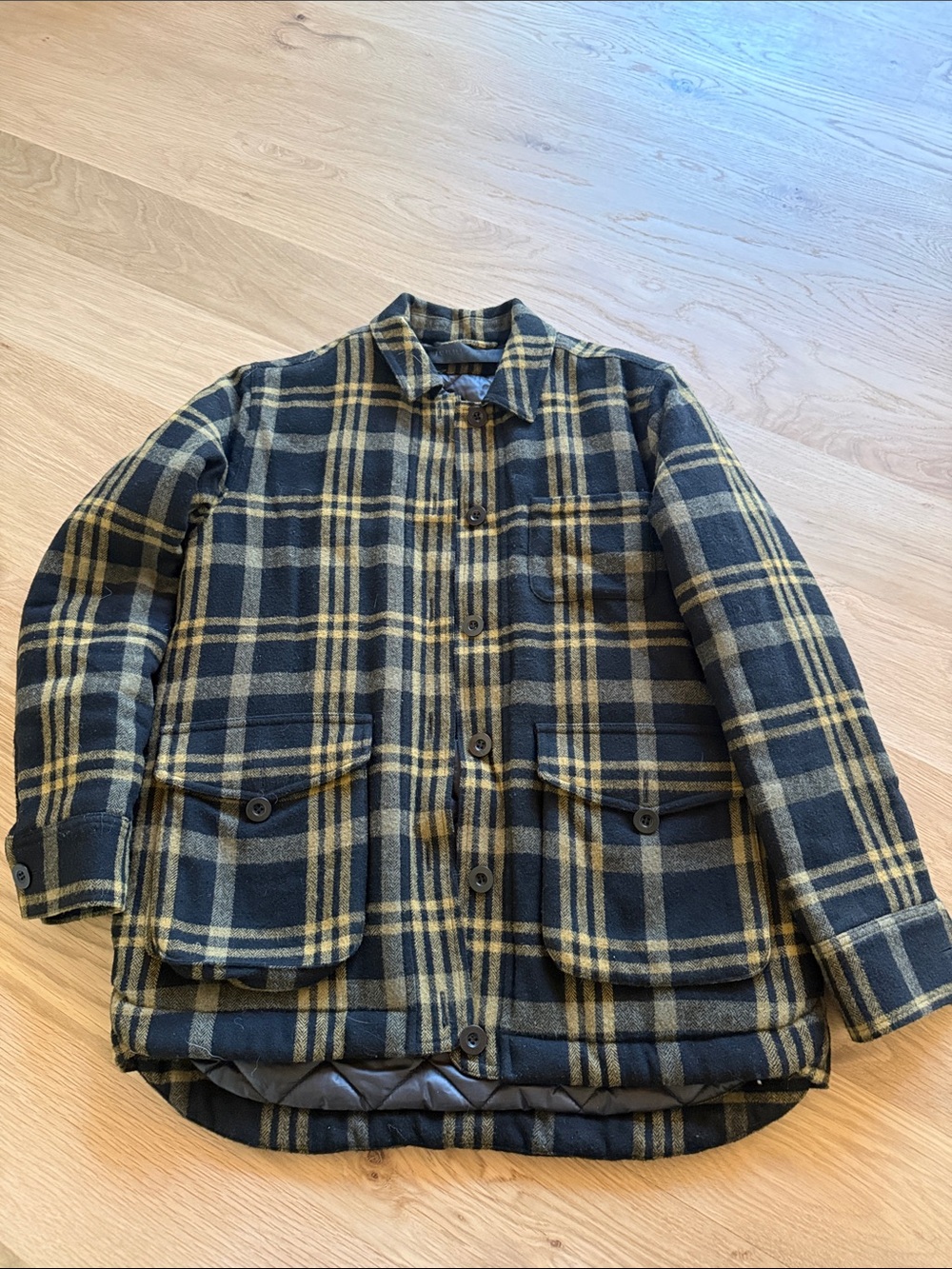 Jenni Kayne Black and Yellow Plaid Button-Front quilted wool Jacket size xs